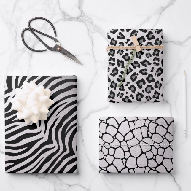 Tierdruck Schwarz-weißer Silbersafari Geschenkpapier Set (Vorderseite)