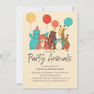Tiere auf der Party Tiger, Pinguin, Nilpferd Kinde Einladung