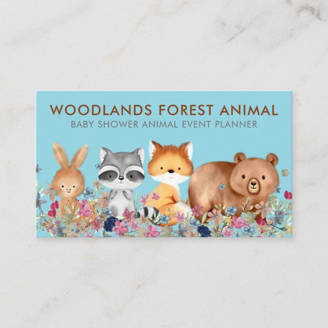 Tiere Baby Bear Fox Raccoon Rabbit blau Visitenkarte (Vorderseite)