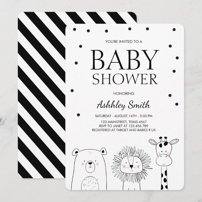 Tiere Baby Dusche laden Zoo Safari Black Modern ei Einladung (Vorne/Hinten)