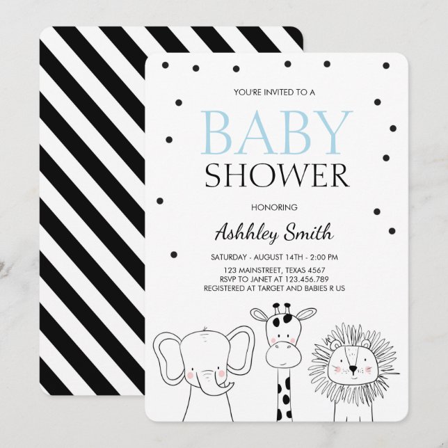 Tiere Baby-Dusche laden Zoo Safari Jungle Boy Einladung (Vorne/Hinten)