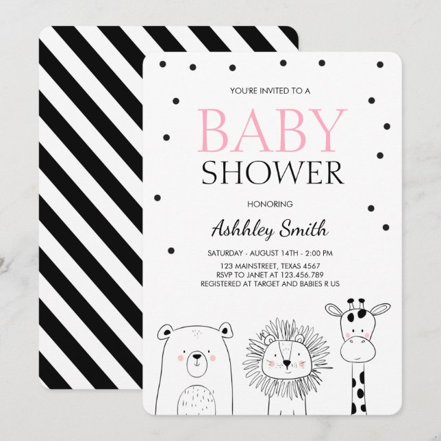 Tiere Baby Dusche laden Zoo Safari Pink Moderne Einladung (Vorne/Hinten)