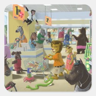 Tiere, die in einem Supermarkt einkaufen Quadratischer Aufkleber