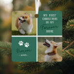 Tiere Erste Weihnachten für immer Zuhause Grün Fot Ornament Aus Metall<br><div class="desc">Moderne neue Haustier-Weihnachtsschmuck mit 2 Fotos Hund oder Katze,  stilvollen grünen Plätzen,  mit dem Sprichwort "Meine ersten Weihnachten in meinem ewigen Zuhause",  dem Haustiernamen,  dem Jahr und 2 Pfotendrucken.</div>