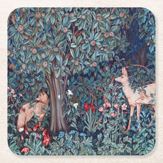 Tiere im Wald, William Morris Rechteckiger Pappuntersetzer (Vorderseite)