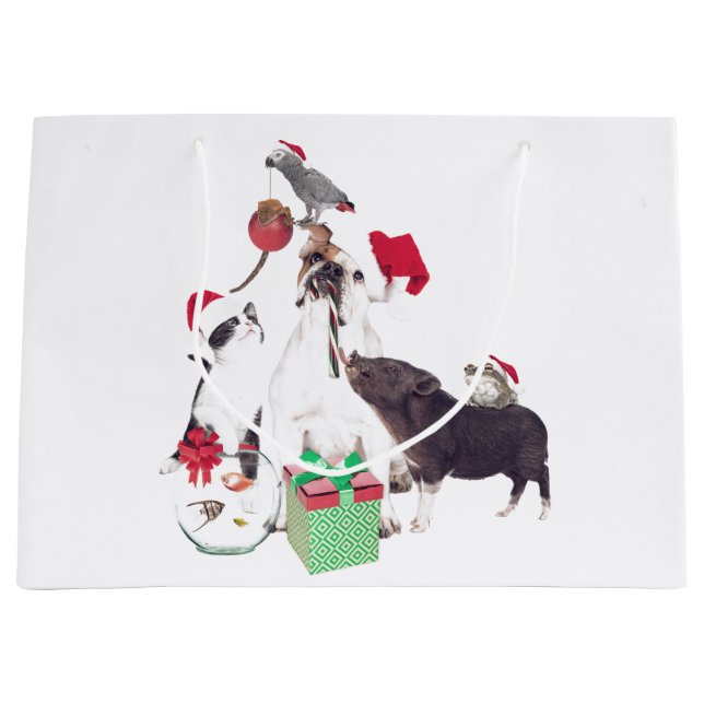 TIERE IN WEIHNACHTSMANNMÜTZEN GESCHALTETE SCHIFFE GROßE GESCHENKTÜTE (Vorderseite)