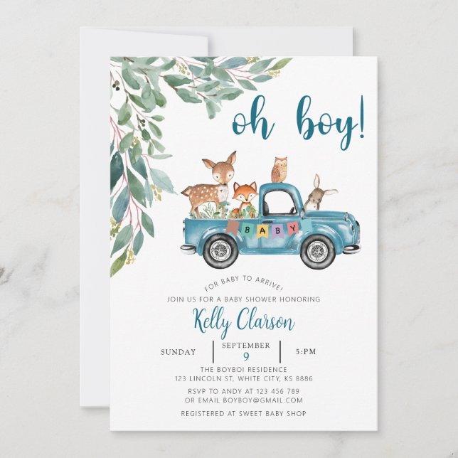 Tiere Jungle ?Car Oh Boy Baby Shower Einladung (Vorderseite)