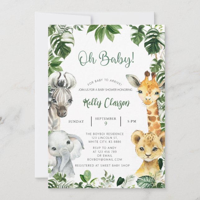 Tiere Jungle Safari Oh Boy Baby Dusche Einladung (Vorderseite)