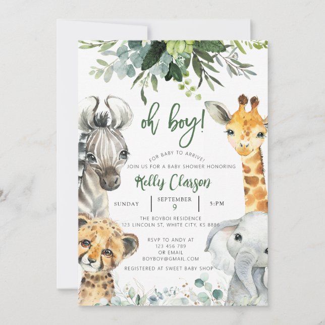Tiere Jungle Safari Oh Boy Baby Dusche Einladung (Vorderseite)