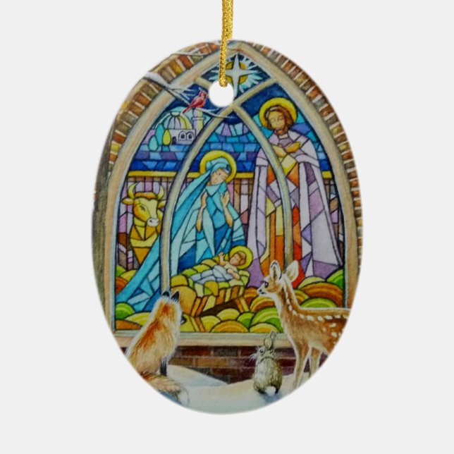 Tiere & Krippe Gestaltete Glas Wasserfarben Kunst Keramik Ornament (Vorne)