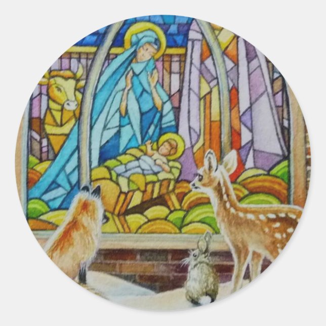 Tiere & Krippe Gestaltete Glas Wasserfarben Kunst Runder Aufkleber (Vorderseite)