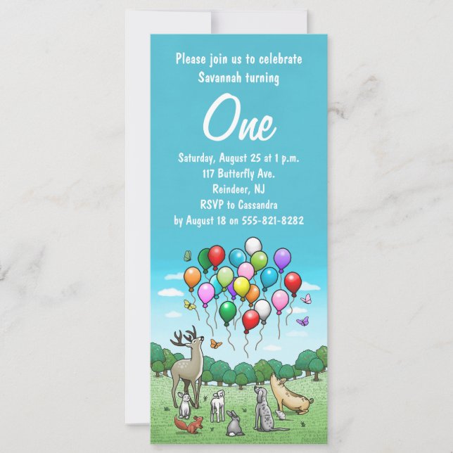 Tiere mit farbenfrohen Ballons Einladung (Vorderseite)