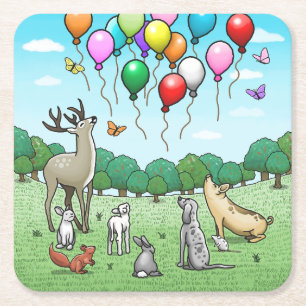 Tiere mit Geburtstagsballons Rechteckiger Pappuntersetzer