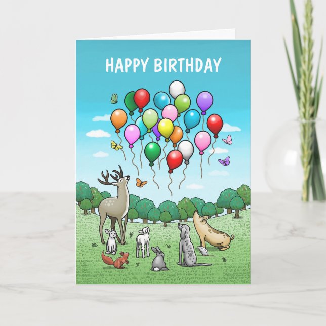 Tiere mit Luftballons Geburtstag Karte (Vorderseite)