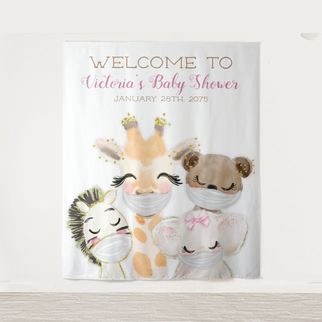 Tiere mit Maske Mädchen Babydusche XL Hintergrund Wandteppich (Vorderseite)