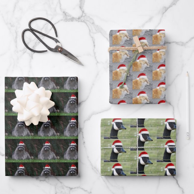 Tiere mit roten Weihnachtsmannmützen Urlaub Geschenkpapier Set (Vorderseite)