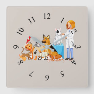 Tiere mit Tierarzt Quadratische Wanduhr