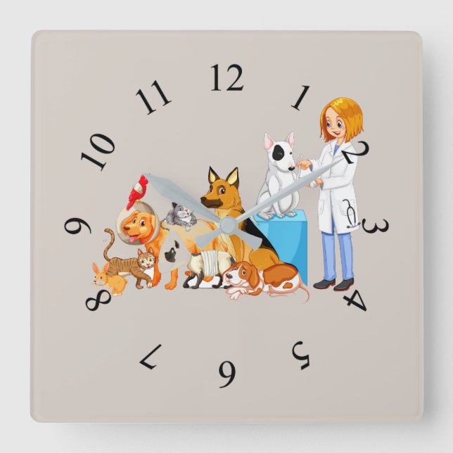 Tiere mit Tierärzten Quadratische Wanduhr (Vorderseite)
