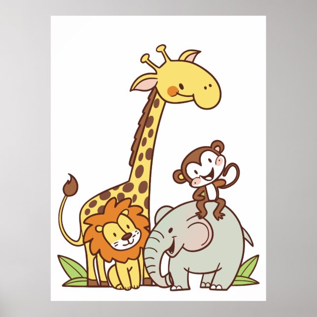 Tiere niedlicher Cartoon - Giraffe, Löwe und Affe Poster (Vorne)
