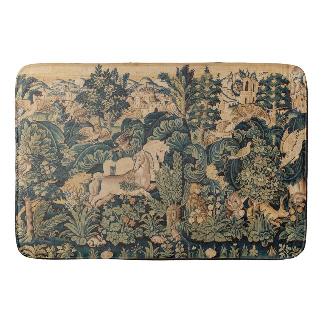 TIERE, PFERDE, HOLZGEBÄUDE, blaugrüne Blüten Badematte (Vorderseite)