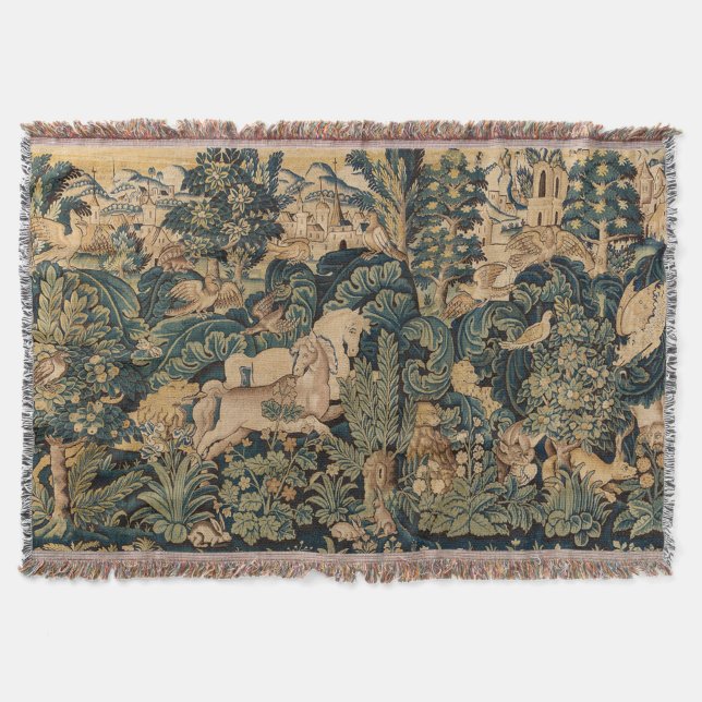 TIERE, PFERDE, HOLZGEBÄUDE, blaugrüne Blüten Decke (Vorderseite)