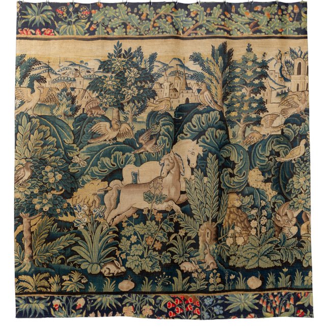 TIERE, PFERDE, HOLZGEBÄUDE, blaugrüne Blüten Duschvorhang (Vorderseite)