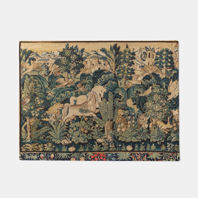 TIERE, PFERDE, HOLZGEBÄUDE, blaugrüne Blüten  Fußmatte (Vorderseite)