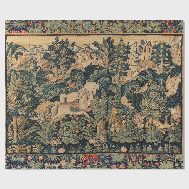 TIERE, PFERDE, HOLZGEBÄUDE, blaugrüne Blüten Geschenkpapier (Flach)