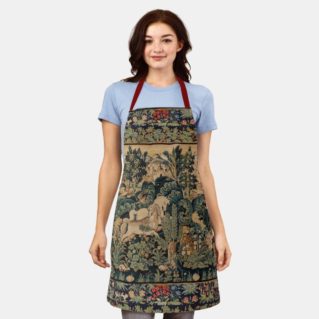 TIERE, PFERDE, HOLZGEBÄUDE, blaugrüne Blüten Schürze (Getragen)