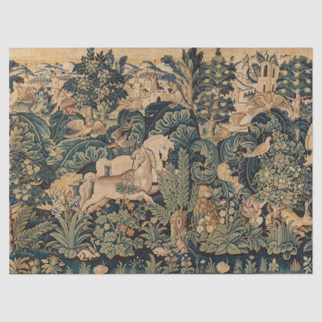 TIERE, PFERDE, HOLZGEBÄUDE, blaugrüne Blüten Seidenpapier (Vorderseite)