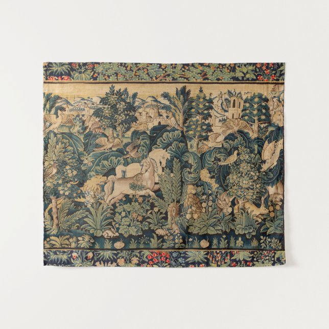 TIERE, PFERDE, HOLZGEBÄUDE, blaugrüne Blüten Wandteppich (Vorderseite (Horizontal))