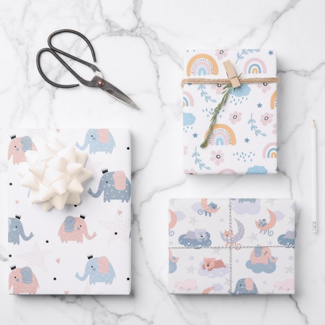 Tiere, Regenbogen und Blume Geschenkpapier Set (Vorderseite)