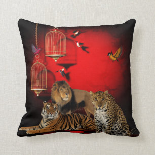 Tiere Tiger Leopard Löwe Vögel Roter Druck Kissen