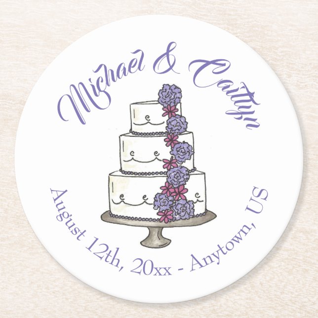 Tiered Lila Floral Wedding Cake Brautparty Runder Pappuntersetzer (Vorderseite)