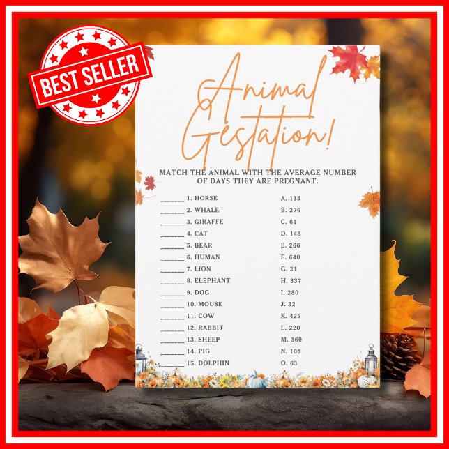 TIERGESTATION Kinderdusche Spiel WENIG PUMPKIN Einladung (ANIMAL GESTATION Easy Baby Shower Game A Little Pumpkin is on the Way Fall Autumn Theme)