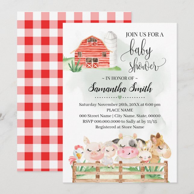 Tierische Babydusche Tiere Aquarell Einladung (Vorne/Hinten)