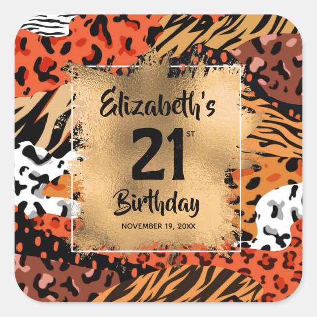 Tierische Druckmuster 21. Geburtstag Personalisier Quadratischer Aufkleber (Vorderseite)