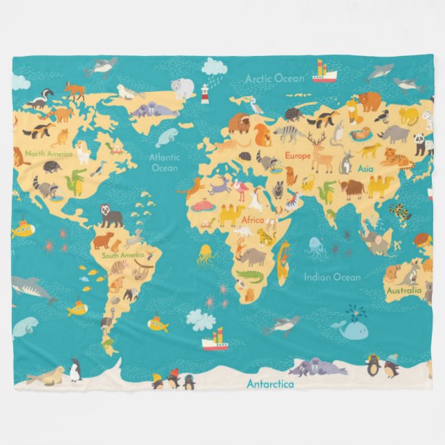 Tierkarte der Welt für Kinder Fleecedecke (Vorderseite (Horizontal))