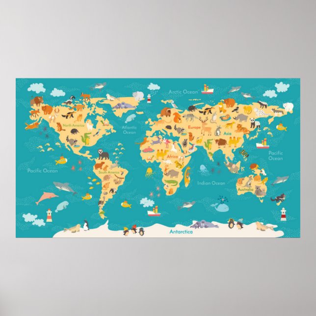 Tierkarte der Welt für Kinder Poster (Vorne)