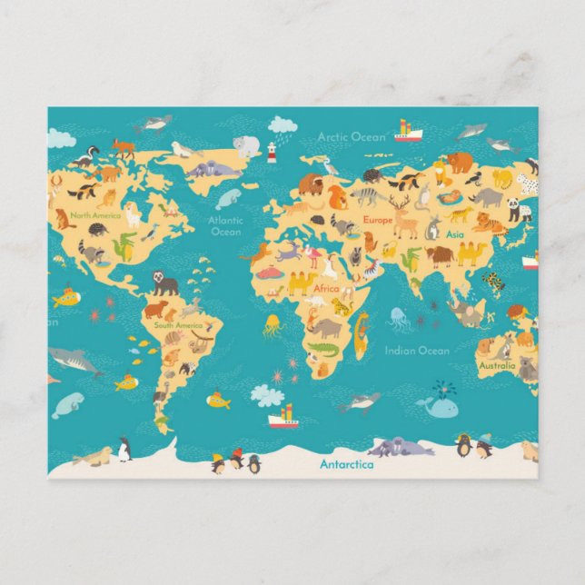 Tierkarte der Welt für Kinder Postkarte (Vorderseite)