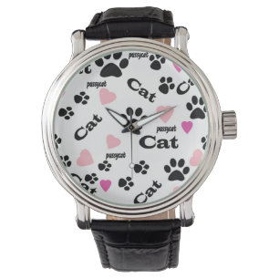 Tierkatzenfuß nahtloses weißes Button Armbanduhr
