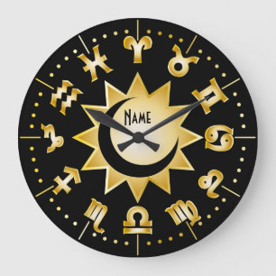 Tierkreis-Monogramm-Schwarz-Goldsun-Mond addieren Große Wanduhr