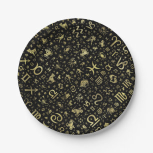 Tierkreis Symbole und Glyphs Gold auf Schwarzem Pappteller