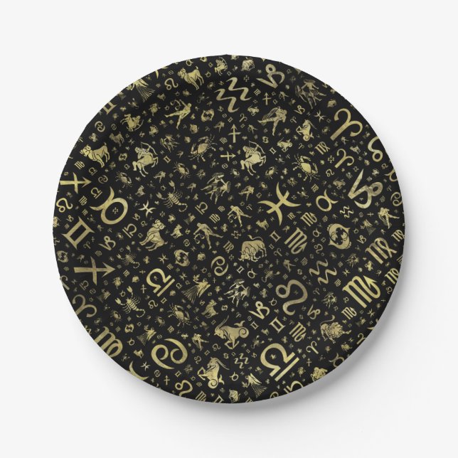 Tierkreis Symbole und Glyphs Gold auf Schwarzem Pappteller (Vorderseite)
