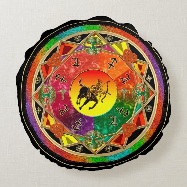 Tierkreis-Zeichen-Schütze-Mandala Rundes Kissen (Rückseite)
