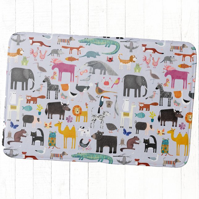 Tiermenagerie Badematte (Fun animal menagerie with wild, safari, zoo and pet animals and birds pattern bath mat)