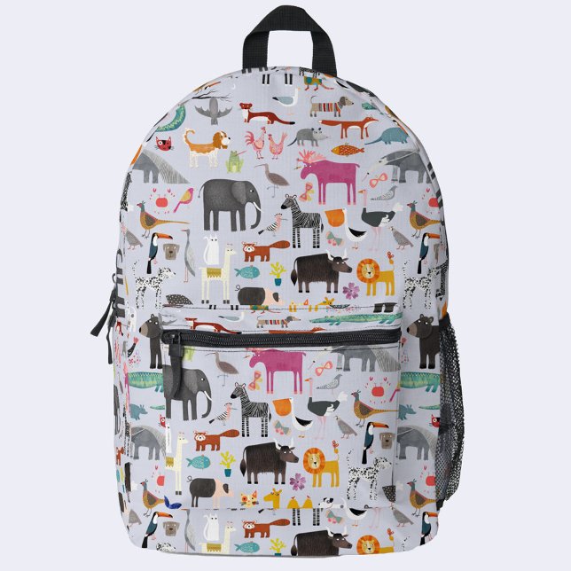 Tiermenagerie Bedruckter Rucksack (Animal menagerie backpack with wild, farm, jungle, safari and pet animals and birds)