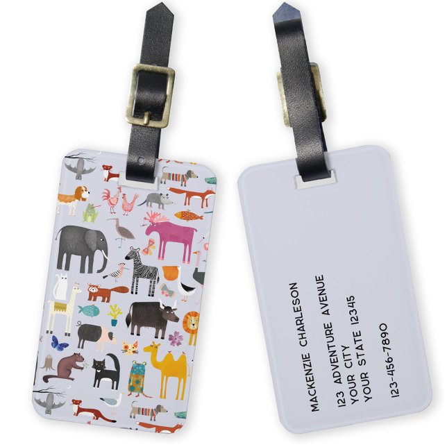 Tiermenagerie Gepäckanhänger (Fun animal menagerie with wild, safari, zoo, pet animals and birds pattern personalized luggage tag)