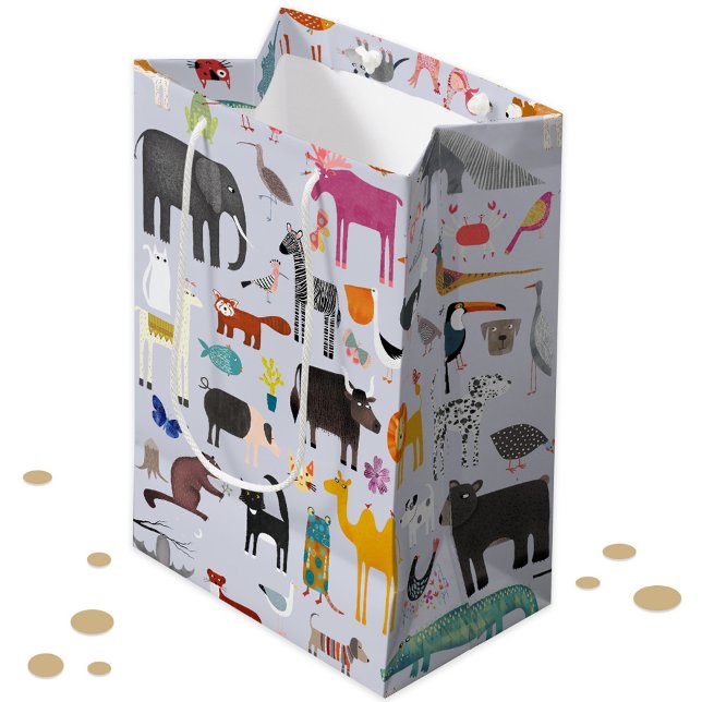 Tiermenagerie Mittlere Geschenktüte (Fun animal menagerie with wild, safari, zoo and pet animals and birds pattern gift bag)