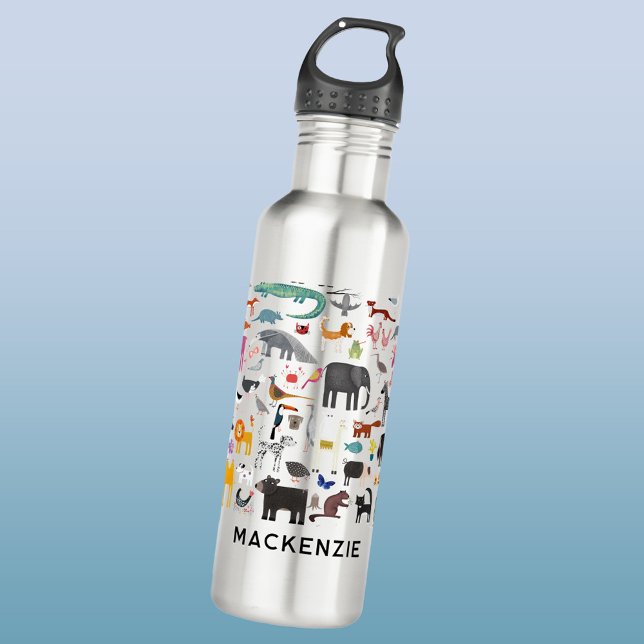 Tiermenagerie Personalisiert Edelstahlflasche (Fun animal menagerie with wild, safari, zoo, pet animals and birds pattern personalized water bottle)